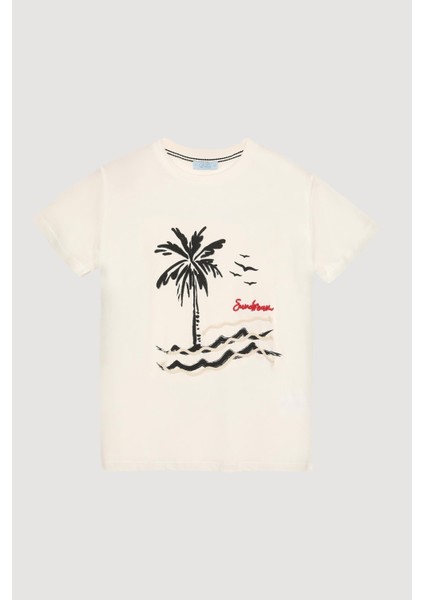 Baskı ve Nakış Detaylı T-Shirt Ekru