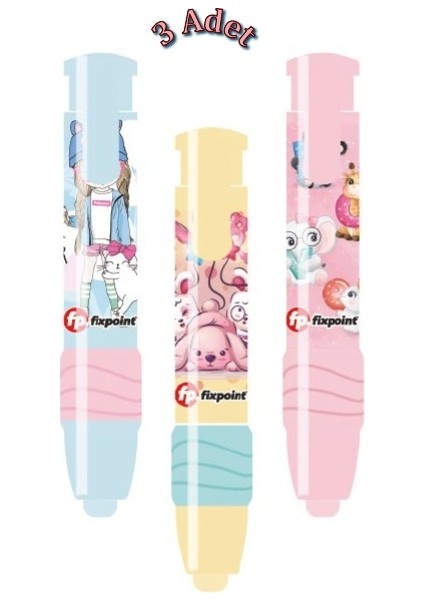 Fixpoint -3 Adet- Mekanik Otomatik Pastel Renkler Kız Seti Roket Silgi (P-1307)