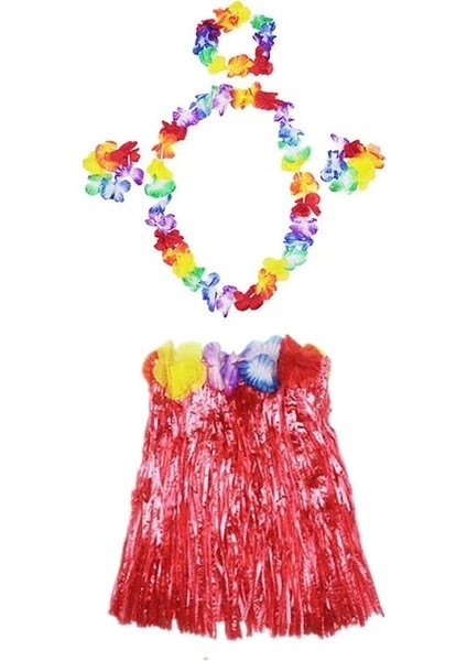 Luau Aloha Hawaii Kolye Etek Taç ve Bileklik Seti Kırmızı (5047)