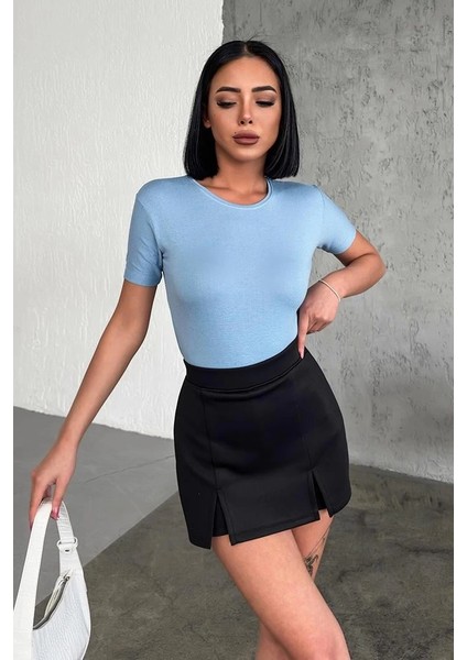 Rahat ve Şık Kısa Kollu Bisiklet Yaka Likralı Viskon Penye Body Bebe Mavisi