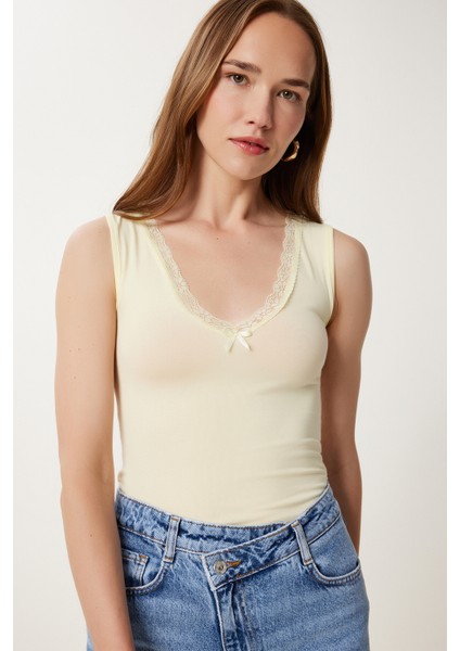 Dantel Detaylı Örme Bodysuit LZV0016 Sarı fiyatları