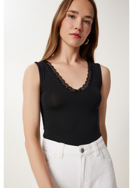 Dantel Detaylı Örme Bodysuit LZV0016 Siyah