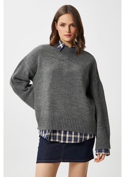 Pntrst Antrasit Bisiklet Yaka Oversize Triko Kazak