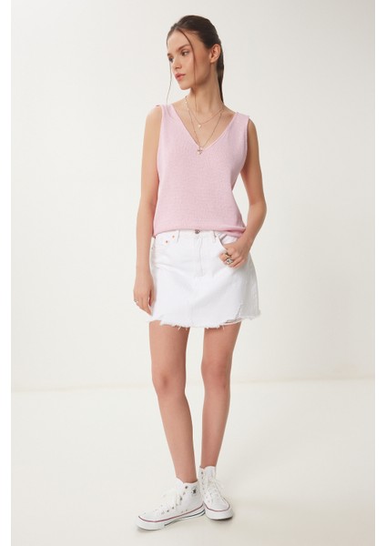 V Yaka Yazlık Triko Bluz LKİ0035 Pembe