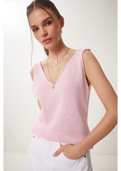 V Yaka Yazlık Triko Bluz LKİ0035 Pembe modelleri