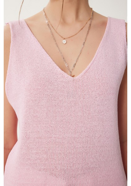 V Yaka Yazlık Triko Bluz LKİ0035 Pembe fırsatları