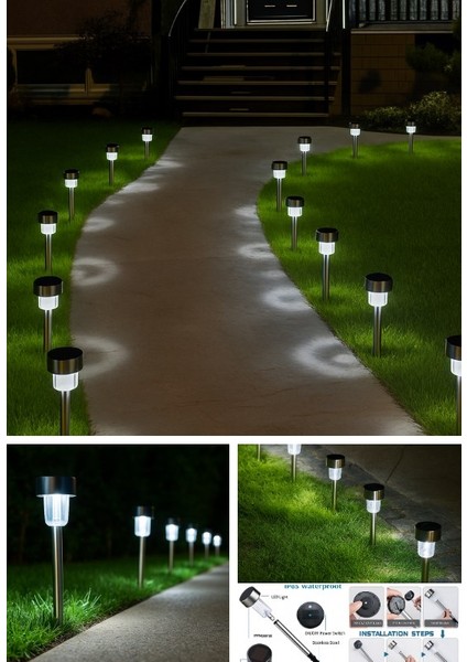 8 Adet Metal Gövdeli Beyaz Ledli Solar Güneş Enerjili Bahçe Lambası 30 cm Saplama