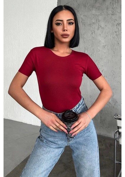 Rahat ve Şık Kısa Kollu Bisiklet Yaka Likralı Viskon Penye Body Bordo fiyatları
