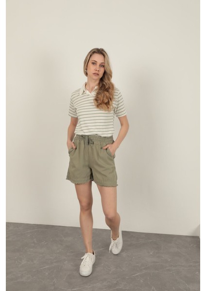 Garbardin Kumaş Püsküllü Kadın Şort-Haki