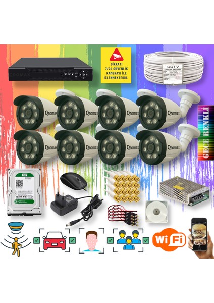 8 Kameralı Set - Yapay Zeka Özellikli Gece Renkli Gösteren 8 Warm Ledli TurboHD Güvenlik Kamerası Seti 3908W-108