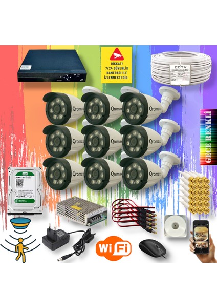 9 Kameralı Set - Gece Renkli Gösteren Hareket Algılayan 5 Mp Sony Lensli 1080p Full Hd Güvenlik Kamerası Seti 3908W