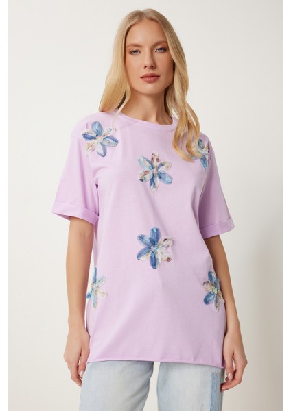 Çiçek Işlemeli Yırtmaçlı Örme T-Shirt LMP0010 Lila