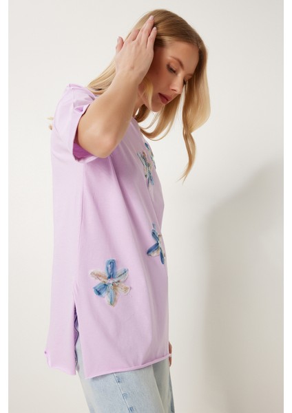 Çiçek Işlemeli Yırtmaçlı Örme T-Shirt LMP0010 Lila fiyatları