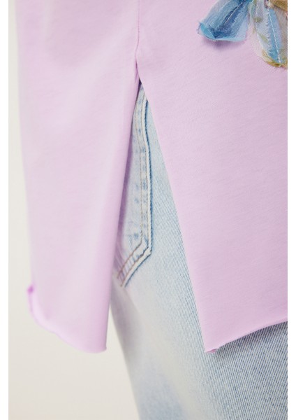 Çiçek Işlemeli Yırtmaçlı Örme T-Shirt LMP0010 Lila fırsatları