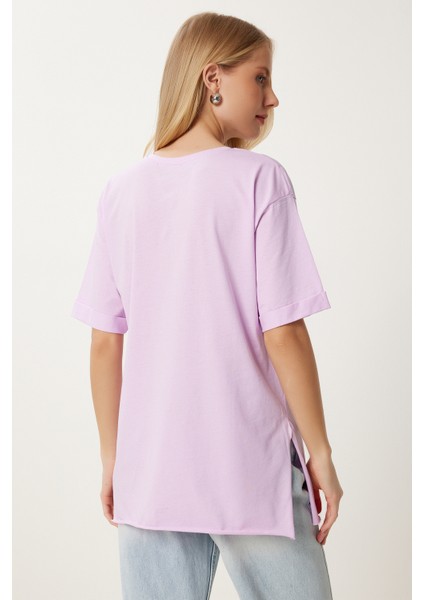 Çiçek Işlemeli Yırtmaçlı Örme T-Shirt LMP0010 Lila indirimleri