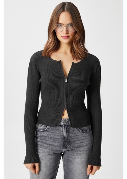 Kadın Verna Viscose Fermuarlı Saran Antrasit Triko Hırka