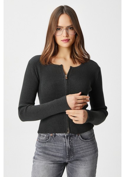 Kadın Verna Viscose Fermuarlı Saran Antrasit Triko Hırka modelleri