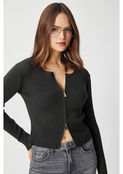 Kadın Verna Viscose Fermuarlı Saran Antrasit Triko Hırka