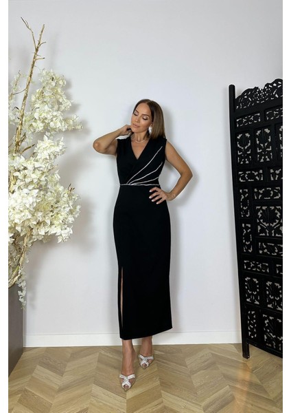 G1484 Taş Detaylı Kolsuz Abiye Elbise Siyah