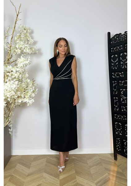 G1484 Taş Detaylı Kolsuz Abiye Elbise Siyah fiyatları