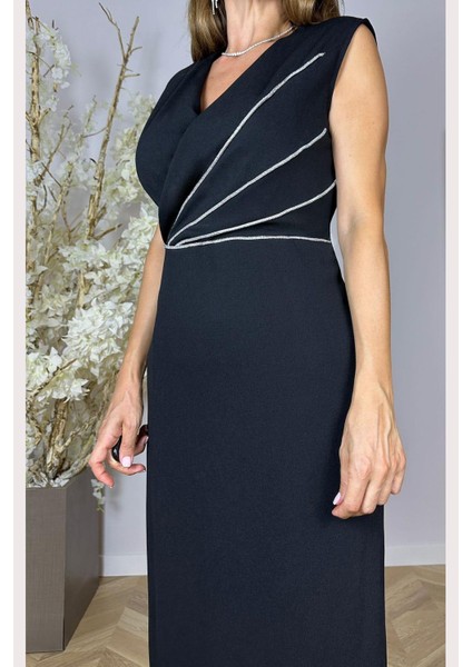 G1484 Taş Detaylı Kolsuz Abiye Elbise Siyah modelleri