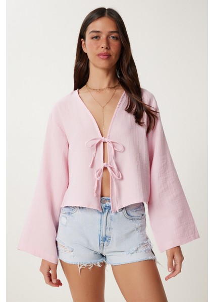 Bağlama Detaylı Müslin Bluz LFZ0003 Şeker Pembe