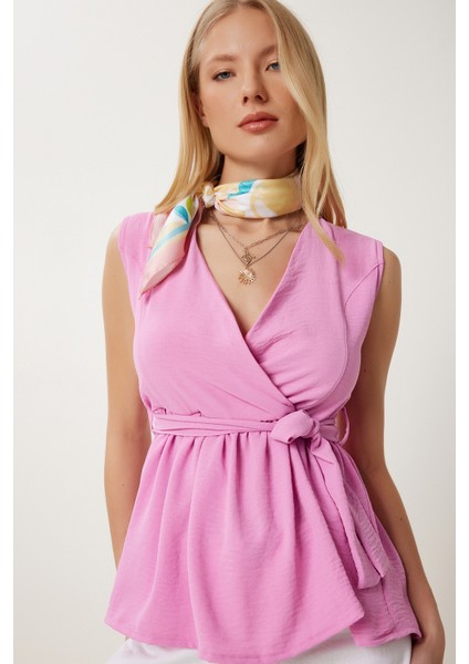 Anvelop Yaka Esnek Örme Bluz LAN0036 Pembe