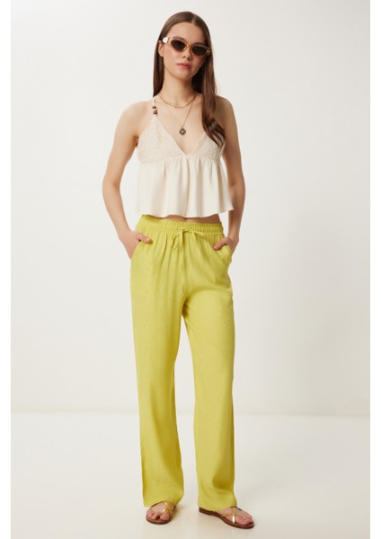 Desenli Yazlık Viskon Pantolon LWF0044 Yağ Yeşili modelleri