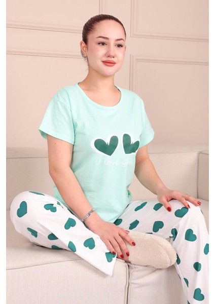 Kadın Kalp Baskılı Sloganlı Kısa Kol Altı Uzun Penye Pijama Takımı Turkuaz modelleri