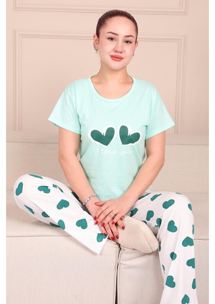 Kadın Kalp Baskılı Sloganlı Kısa Kol Altı Uzun Penye Pijama Takımı Turkuaz fırsatları