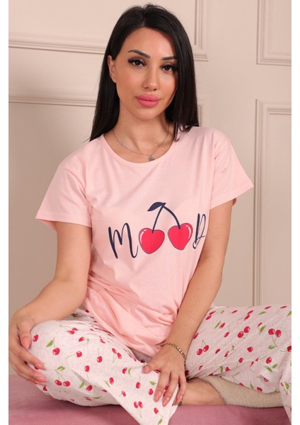Kadın Mood Sloganlı Vişne Desenli Kısa Kol Pijama Takımı Pudra