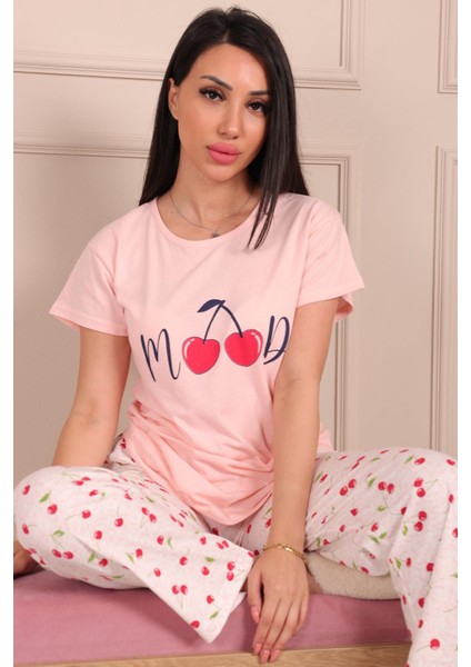 Kadın Mood Sloganlı Vişne Desenli Kısa Kol Pijama Takımı Pudra fiyatları