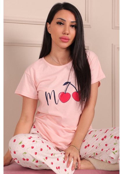 Kadın Mood Sloganlı Vişne Desenli Kısa Kol Pijama Takımı Pudra fırsatları