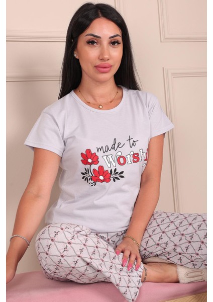 Made To Workship Sloganlı Çiçek Desenli Kısa Kol Alt Uzun Pijama Takımı Gri fiyatları