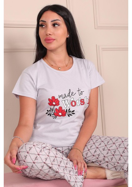Made To Workship Sloganlı Çiçek Desenli Kısa Kol Alt Uzun Pijama Takımı Gri modelleri