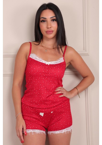 Kadın Yıldız Desenli Ip Askılı Şortlu Pegasus Pijama Takımı Kırmızı modelleri