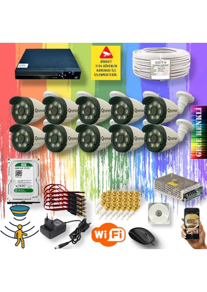 10 Kameralı Set - Gece Renkli Gösteren Hareket Algılayan 5 Mp Sony Lensli 1080p Full Hd Güvenlik Kamerası Seti 3908w
