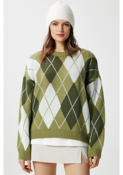 Kadın Edwin Yeşil Krem Baklava Desen Triko Kazak