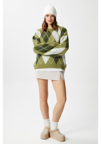 Kadın Edwin Yeşil Krem Baklava Desen Triko Kazak fiyatları