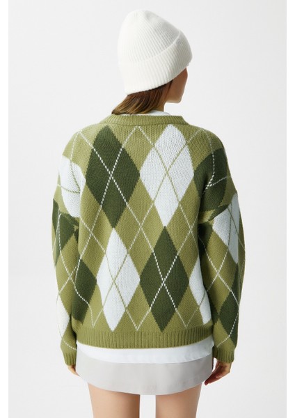 Kadın Edwin Yeşil Krem Baklava Desen Triko Kazak modelleri