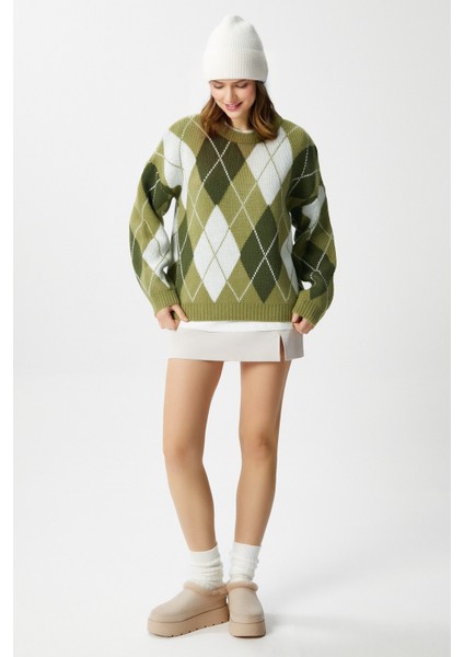 Kadın Edwin Yeşil Krem Baklava Desen Triko Kazak