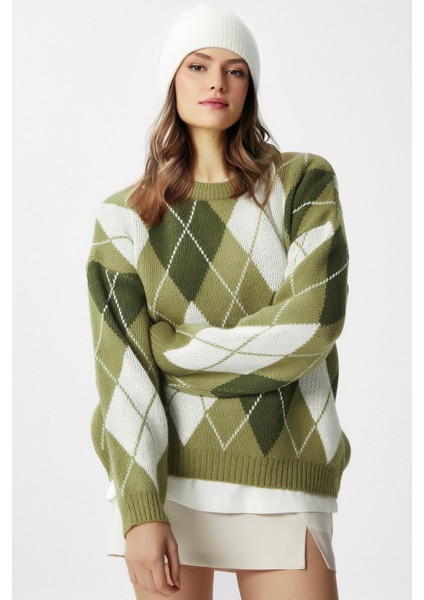 Kadın Edwin Yeşil Krem Baklava Desen Triko Kazak