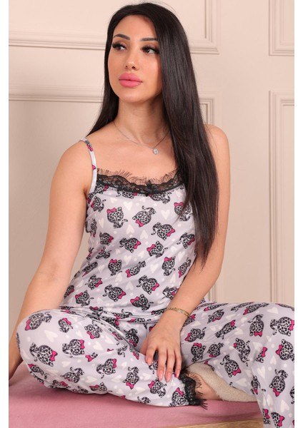Kadın Kedi Desenli Ip Askılı Altı Uzun Milan Pijama Takımı