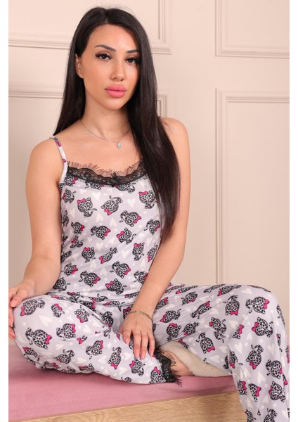 Kadın Kedi Desenli Ip Askılı Altı Uzun Milan Pijama Takımı fırsatları