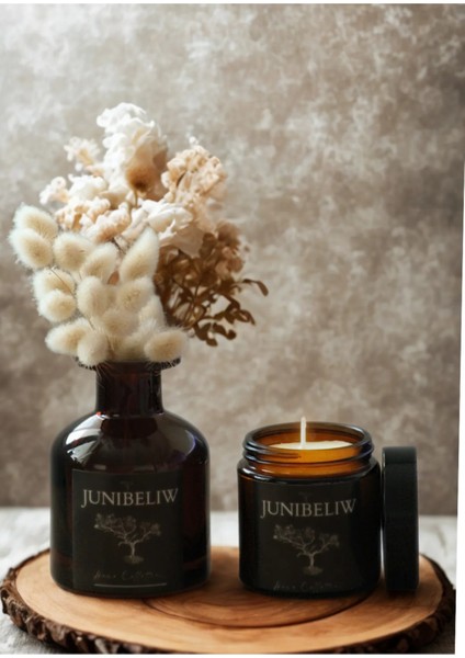 2li Set Amber Siyah Etiket Dekoratif Cam Şişe Vazo Kavanoz 150ML(ÇİÇEKSİZ) Amber Mum(Kokusuz) 100CC