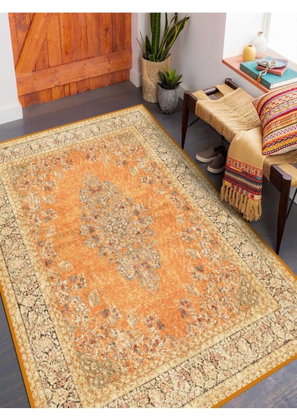 Vitage Turuncu Göbekli Eskitme Model Dokuma Taban Kilim
