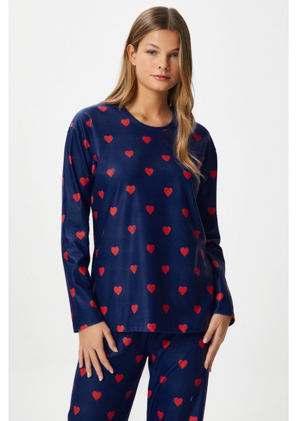 Kadın Ely Premium Bisiklet Yaka Lacivert Kalp Süet Doku Yılbaşı Pijama Takımı