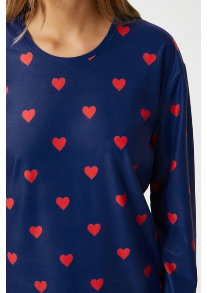 Kadın Ely Premium Bisiklet Yaka Lacivert Kalp Süet Doku Yılbaşı Pijama Takımı modelleri