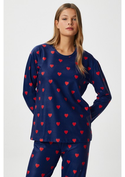 Kadın Ely Premium Bisiklet Yaka Lacivert Kalp Süet Doku Yılbaşı Pijama Takımı fırsatları