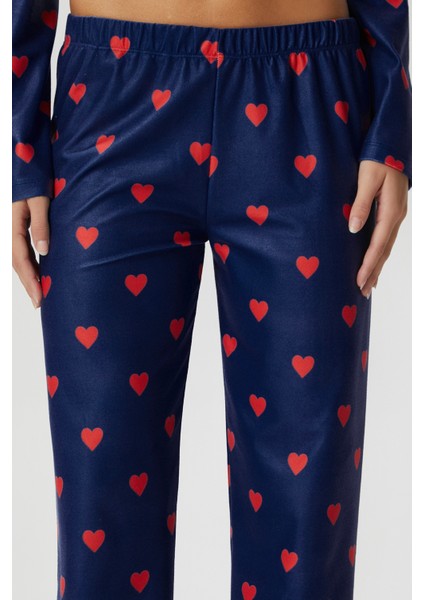 Kadın Ely Premium Bisiklet Yaka Lacivert Kalp Süet Doku Yılbaşı Pijama Takımı